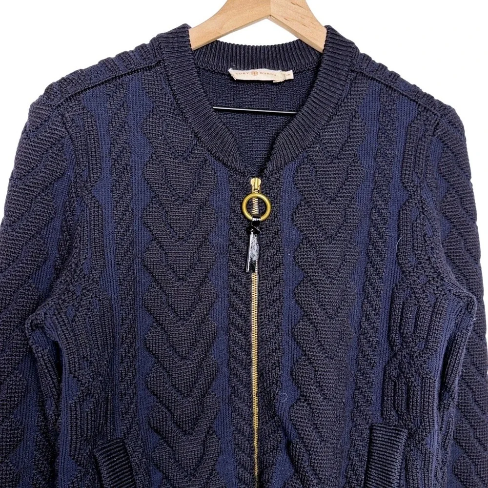 Tory Burch Navy Blue Merino Wool Cable Knit Zip Up Bomber Cardigan‎ Sweater S